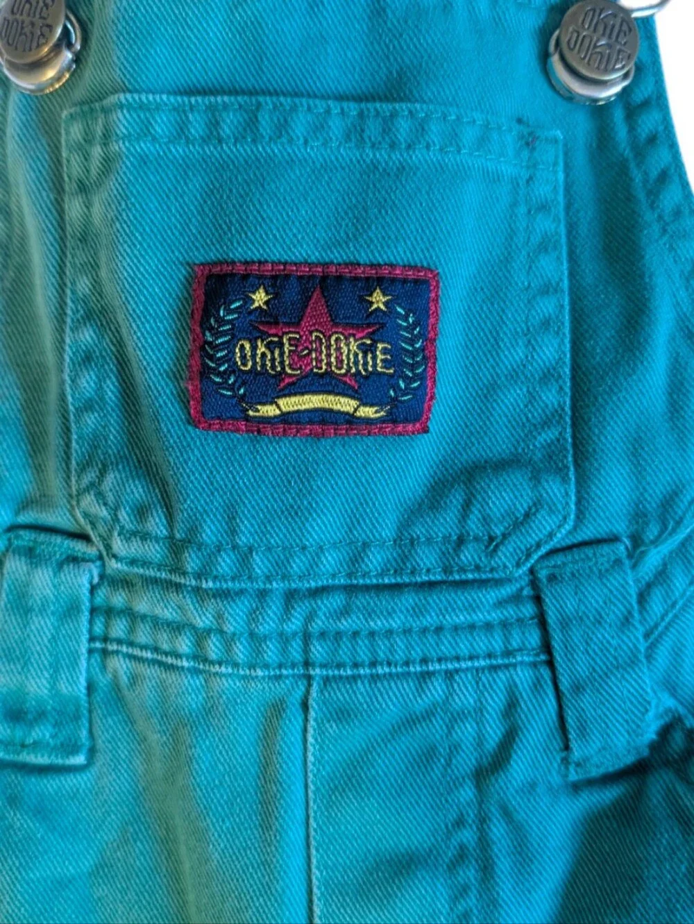 Vintage Okie‎ Dokie Teal Denim Overalls 24M Retro 90s Baby Snap Leg Romper